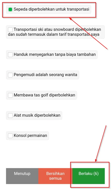 Fragmen halaman situs web dengan filter untuk memilih jenis Bagasi.