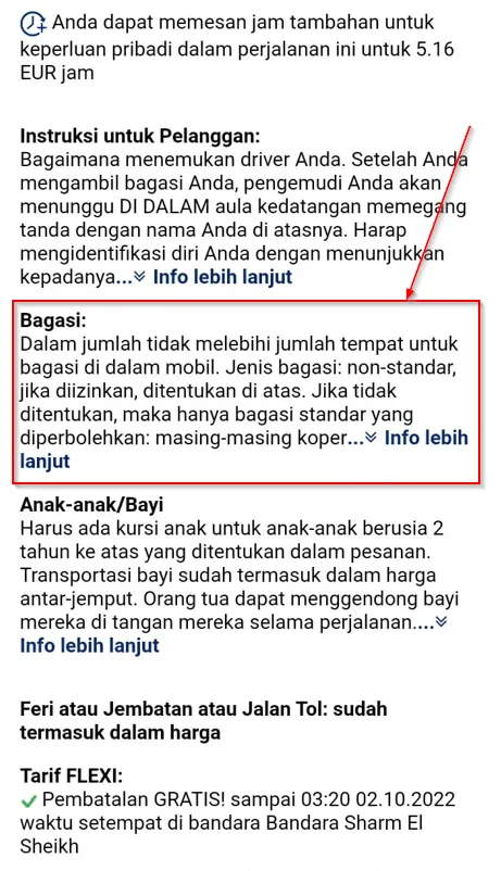 Jatah bagasi dalam deskripsi transfer dengan mobil